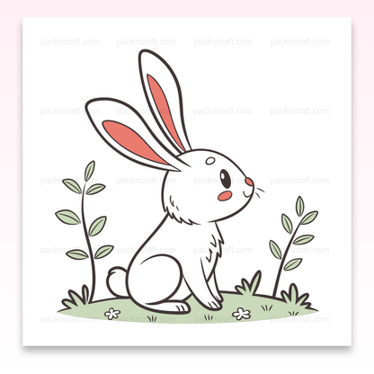 Illustration d'un lapin curieux dans un jardin, idéal pour stickers et papeterie