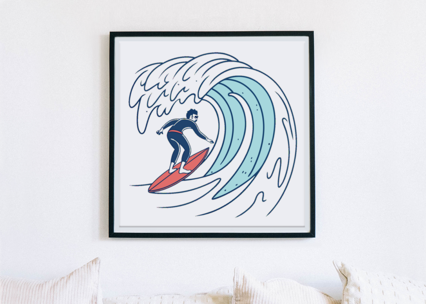 Cadre avec motif minimaliste de vague surfant, ambiance épurée et océanique