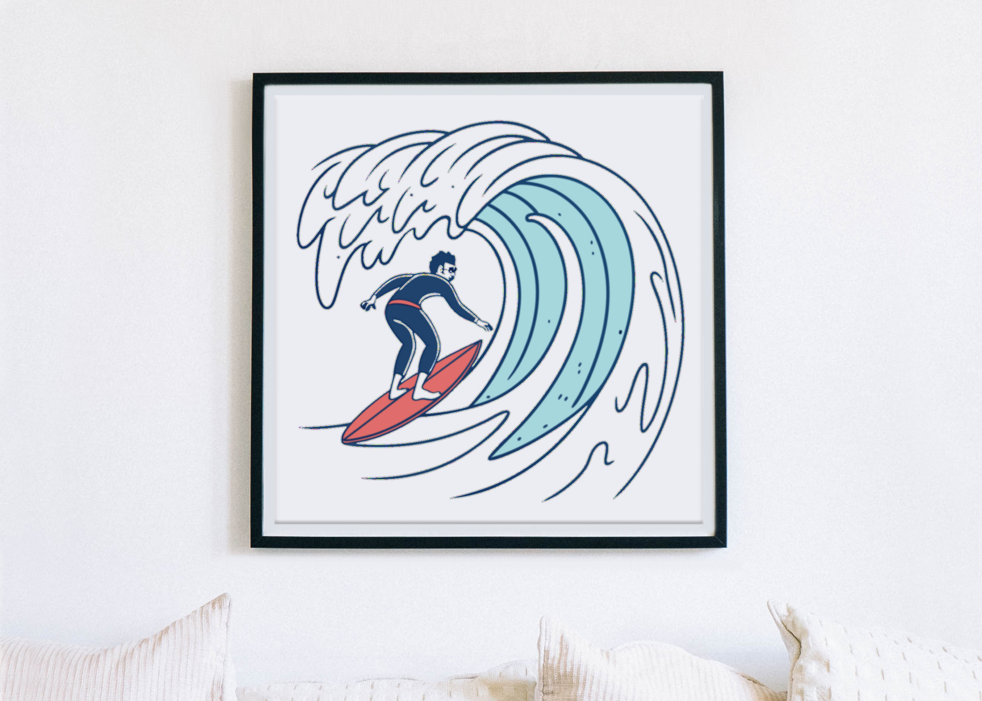 Cadre avec motif minimaliste de vague surfant, ambiance épurée et océanique