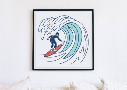 Cadre avec motif minimaliste de vague surfant, ambiance épurée et océanique