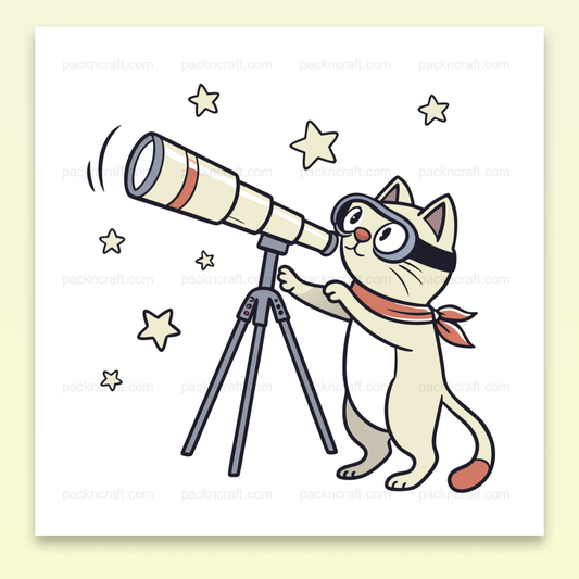 Illustration d'un chat utilisant un télescope pour observer les étoiles, idéale pour stickers et papeterie