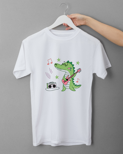 T-shirt rock tendance avec crocodile rockeur pastel et ambiance musicale colorée