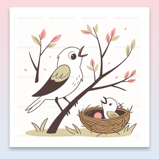 Illustration d'un oiseau chantant sur une branche au printemps, idéale pour des projets créatifs et éducatifs.
