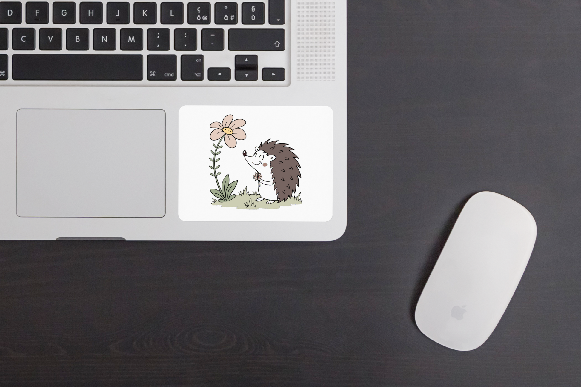 Sticker avec hérisson joyeux près d'une fleur géante dans une ambiance forêt
