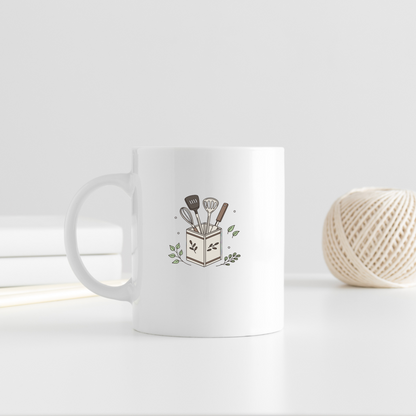 Mug avec décor pastel d'ustensiles de cuisine, ambiance quotidienne chaleureuse