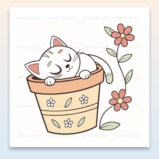 Illustration de chat endormi dans un pot de fleur, vecteur pastel pour DIY et déco.