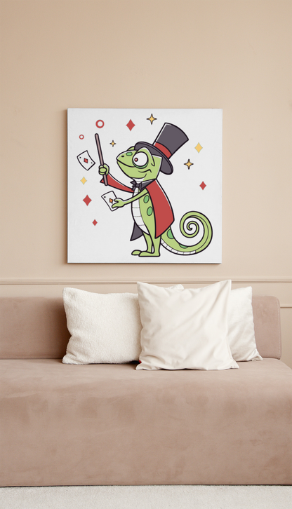 Cadre éducatif amusant avec caméléon cartoon magicien et design ludique