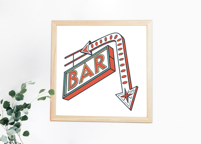 Cadre décoratif montrant l'enseigne bar néon, parfait pour ambiance vintage.