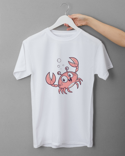 T-shirt avec crabe joyeux, style océan ludique en illustration vectorielle