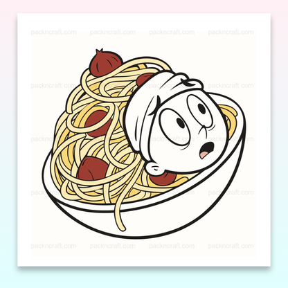 Illustration doodle d'un personnage étonné dans des spaghettis, usage en cuisine