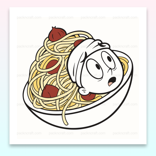 Illustration doodle d'un personnage étonné dans des spaghettis, usage en cuisine