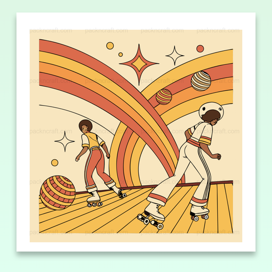 Graphisme retro-rollerdisco pour affichage vibrant et nostalgique.