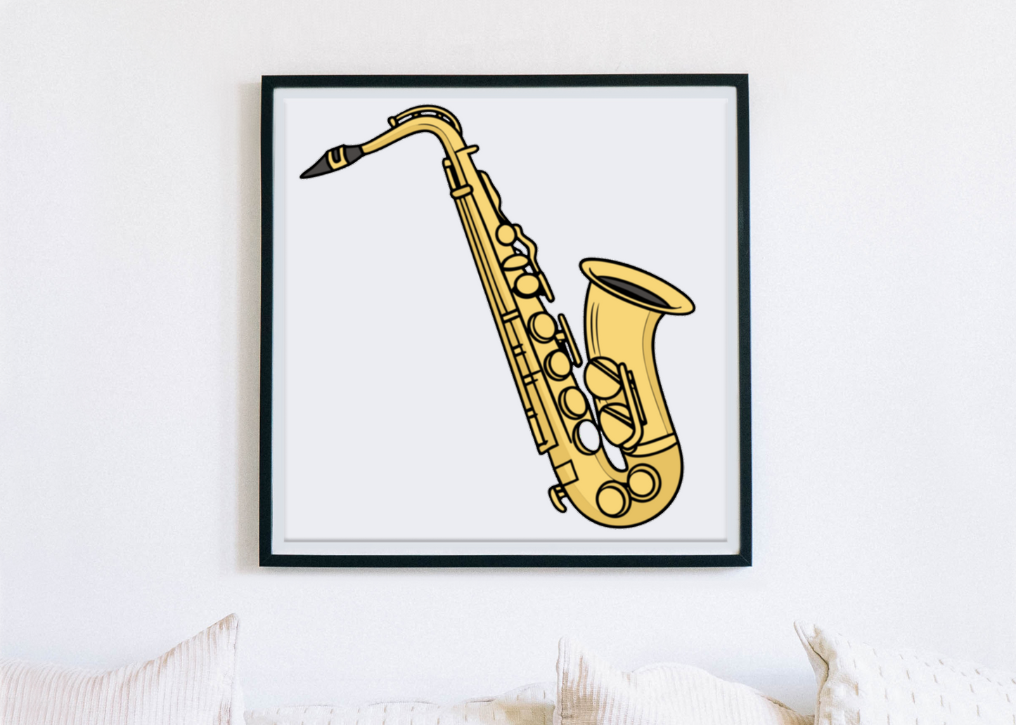 Cadre mural avec saxophone vintage, design musical expressif, ambiance rétro
