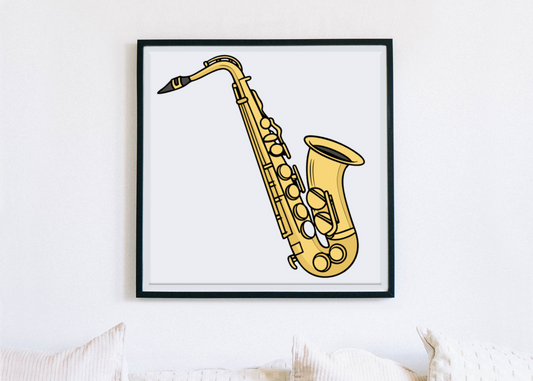 Cadre mural avec saxophone vintage, design musical expressif, ambiance rétro