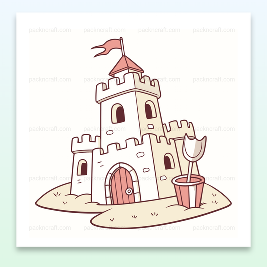 Illustration d'un château de sable et une pelle, ambiance estivale et créative.