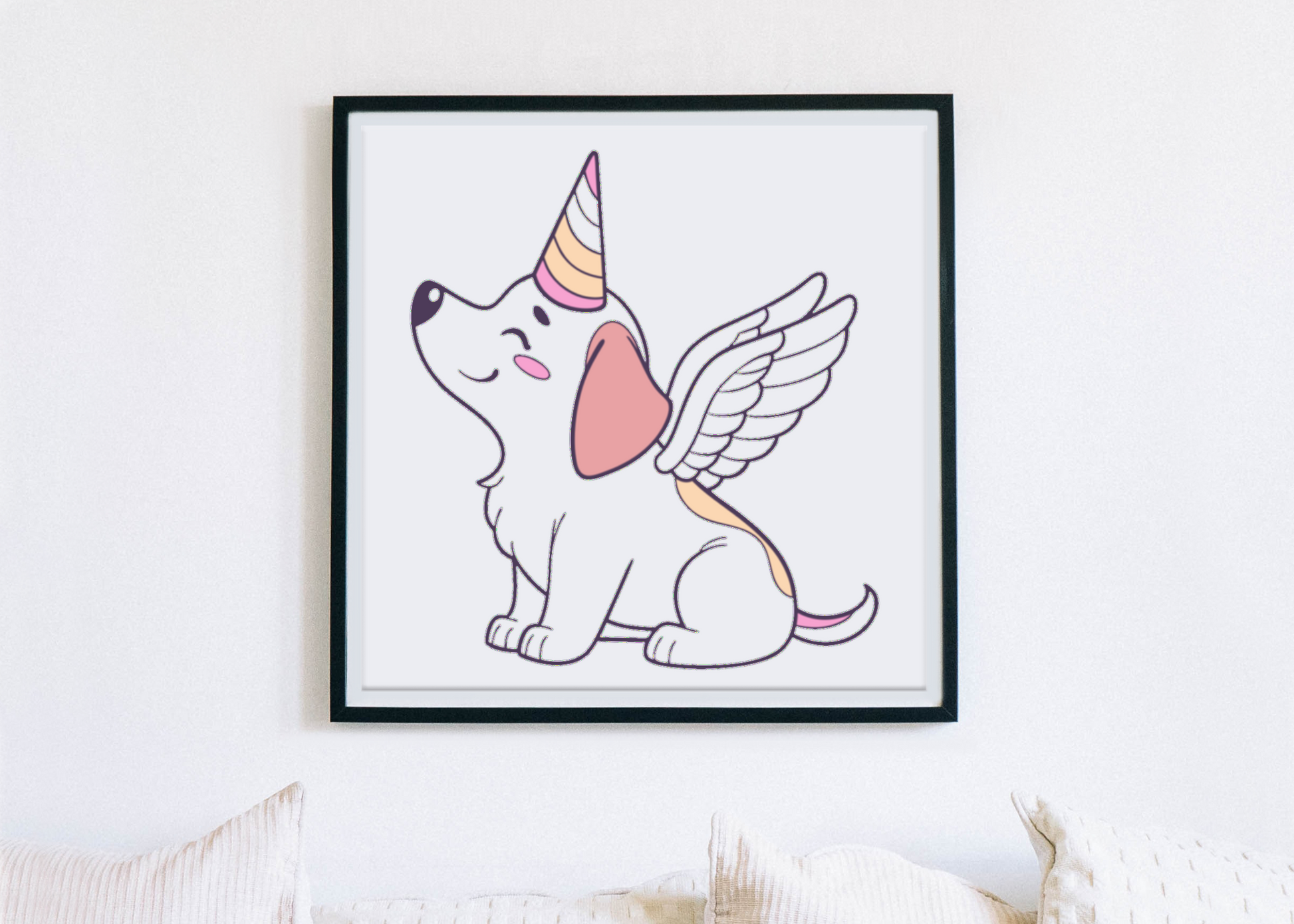 Cadre avec chiot licorne ailé style kawaii pour déco enfantine fantaisie