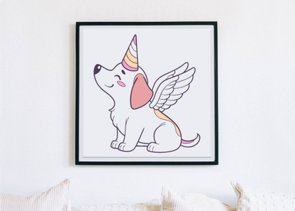 Cadre avec chiot licorne ailé style kawaii pour déco enfantine fantaisie