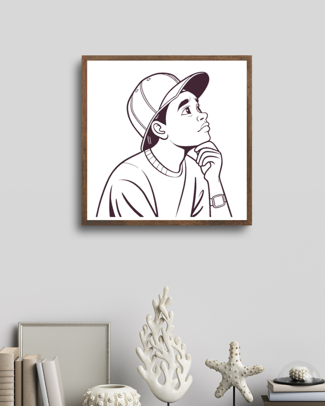 Cadre décoratif avec silhouette monochrome d'un rêveur pensif, ambiance créative