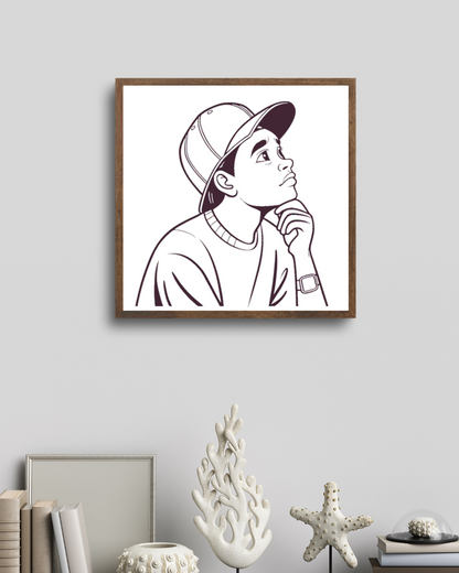 Cadre décoratif avec silhouette monochrome d'un rêveur pensif, ambiance créative