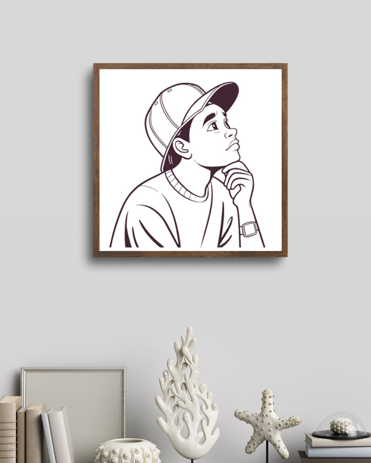 Cadre décoratif avec silhouette monochrome d'un rêveur pensif, ambiance créative