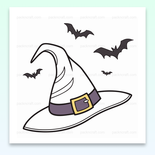Chapeau de sorcière entouré de chauves-souris pour Halloween, utilisable en projets DIY et décoration.