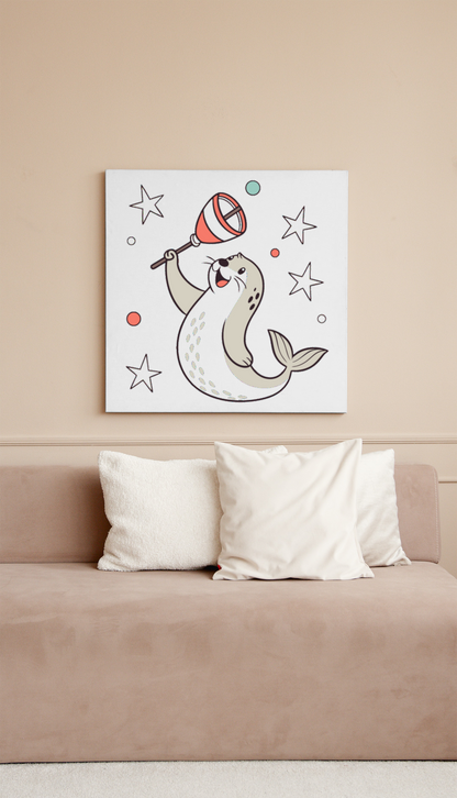 Cadre décoratif avec un phoque jovial, étoiles festives, style cartoon amusant