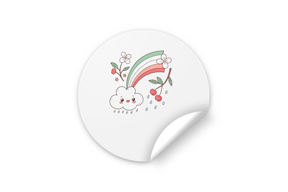 Sticker vibrant avec nuage kawaii joyeux sur fond arc-en-ciel, touche de printemps