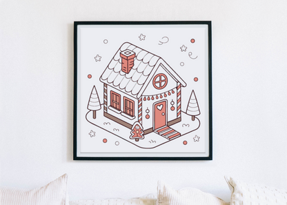 Cadre avec maison en pain d'épice pastel pour un Noël enchanteur et féérique