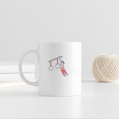 Mug amusant avec garçon en gymnastique sur anneaux en style vectoriel épuré
