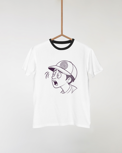 T-shirt avec icône minimaliste de garçon surpris en style simple et moderne