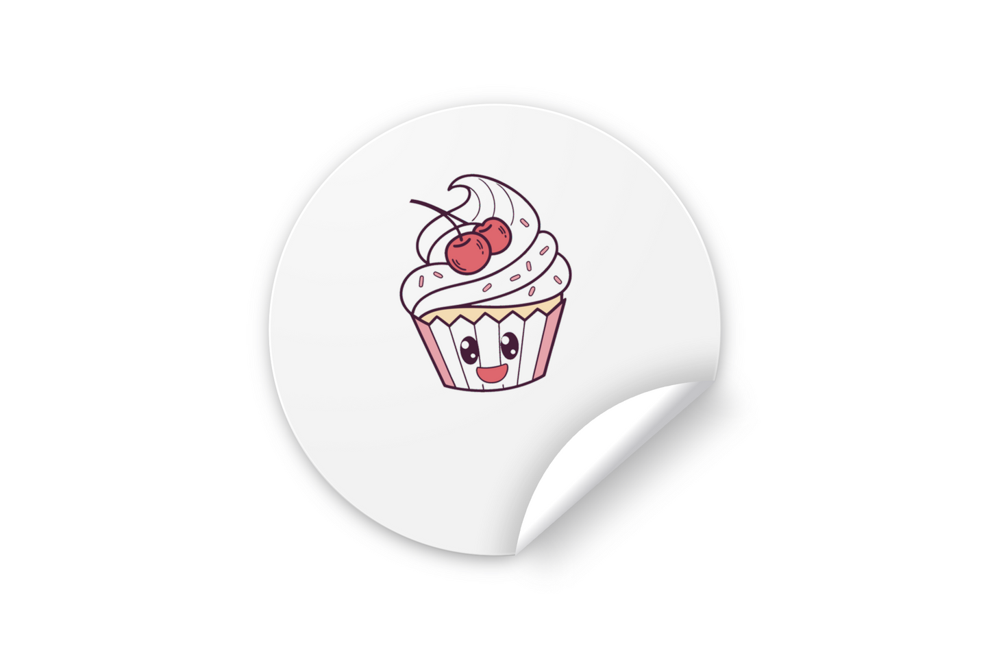 Sticker avec un cupcake souriant aux cerises, style doodle amusant et coloré