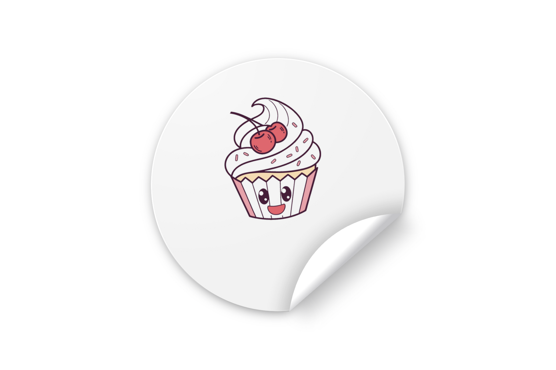 Sticker avec un cupcake souriant aux cerises, style doodle amusant et coloré