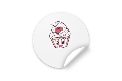 Sticker avec un cupcake souriant aux cerises, style doodle amusant et coloré