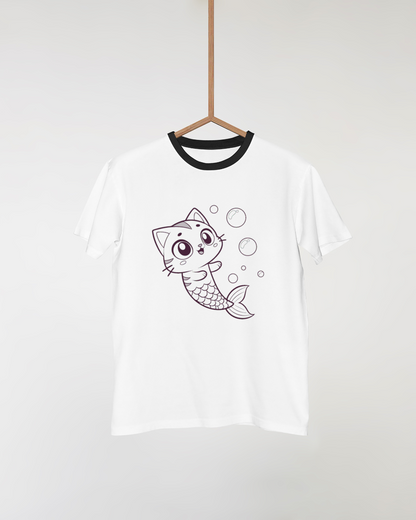 T-shirt avec chat sirène joyeux en design ludique et thème marin