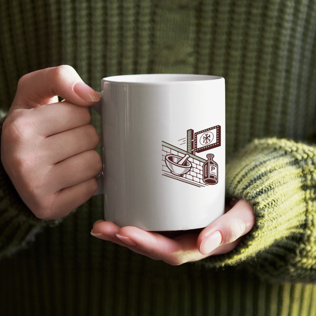 Art rétro de pharmacie sur mug, parfait pour décoration personnelle.