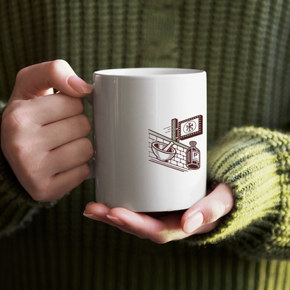 Art rétro de pharmacie sur mug, parfait pour décoration personnelle.