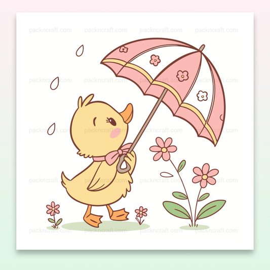 Illustration d'un caneton joyeux sous un parapluie fleuri, utilisable pour des projets créatifs.