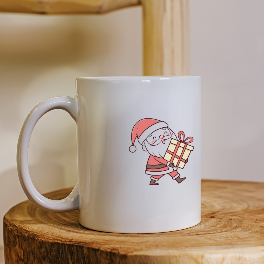 Mug festif avec icône numérique Père Noël souriant portant un cadeau