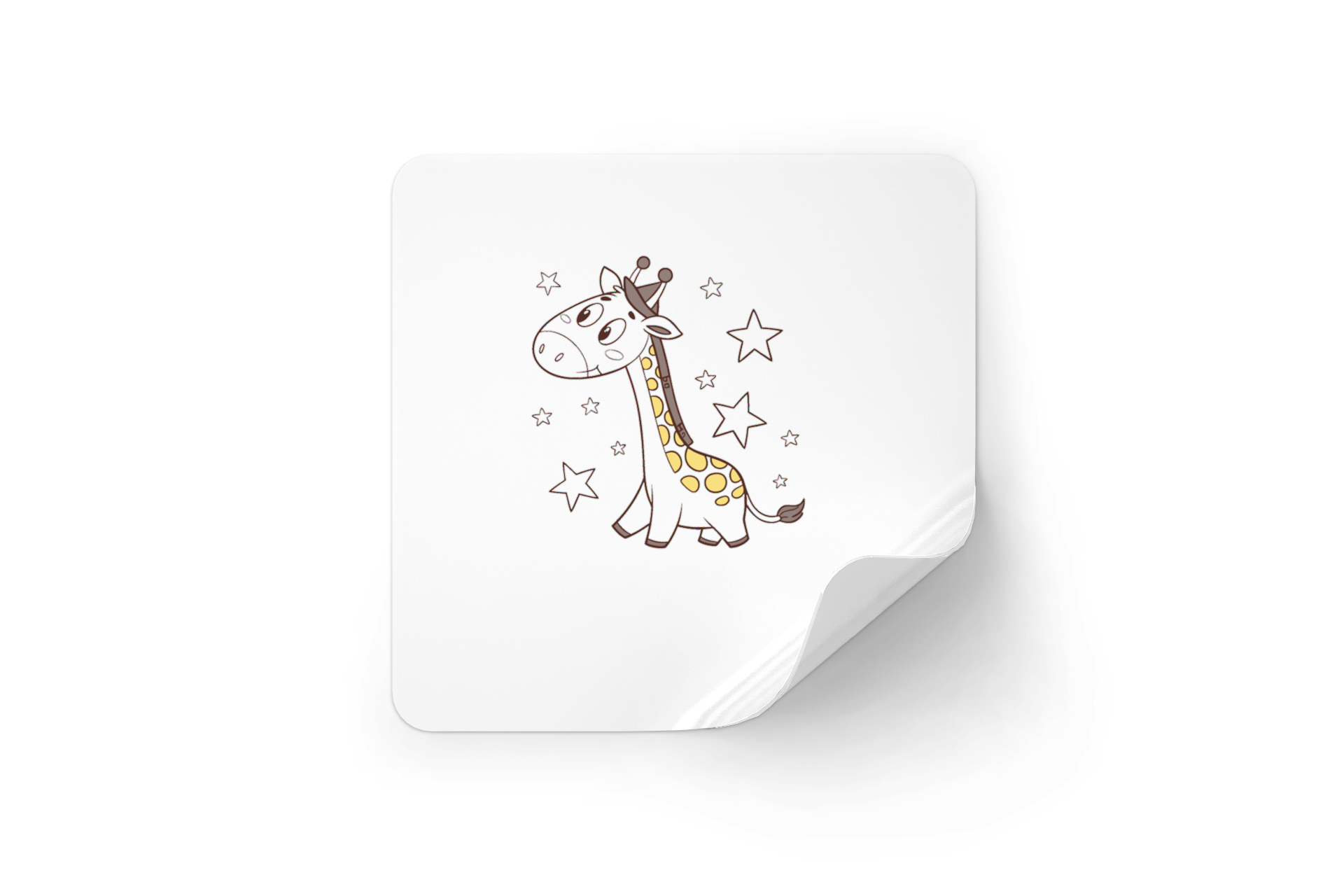 Sticker avec une girafe rêveuse dans une ambiance étoilée, style cartoon