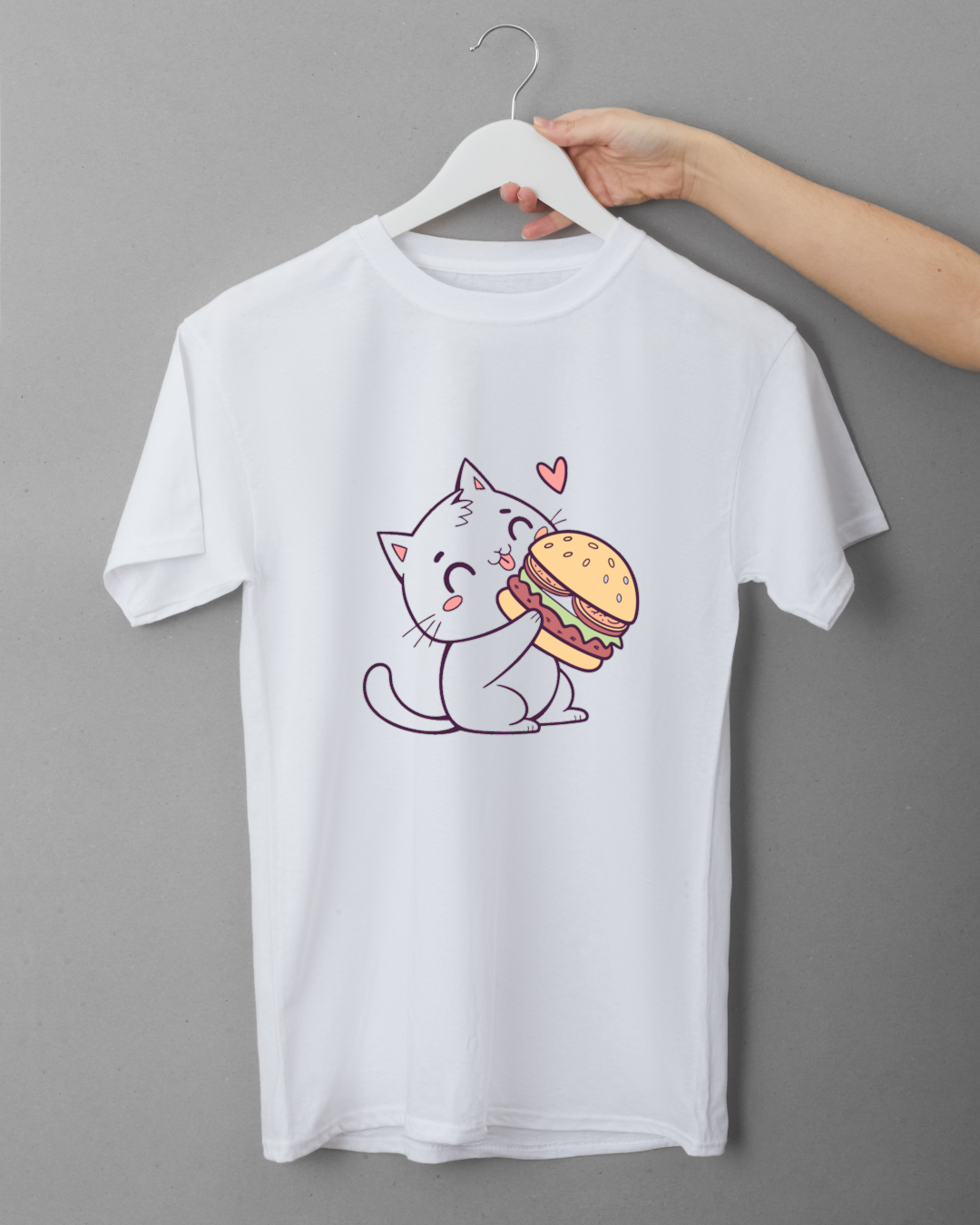 T-shirt illustré kawaii avec chat câlinant un burger joyeux