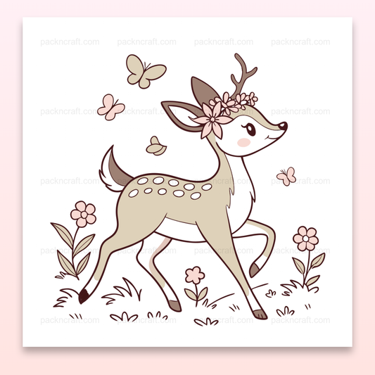 Illustration de faon joyeux dans un champ fleuri, style pastel, pour projets créatifs