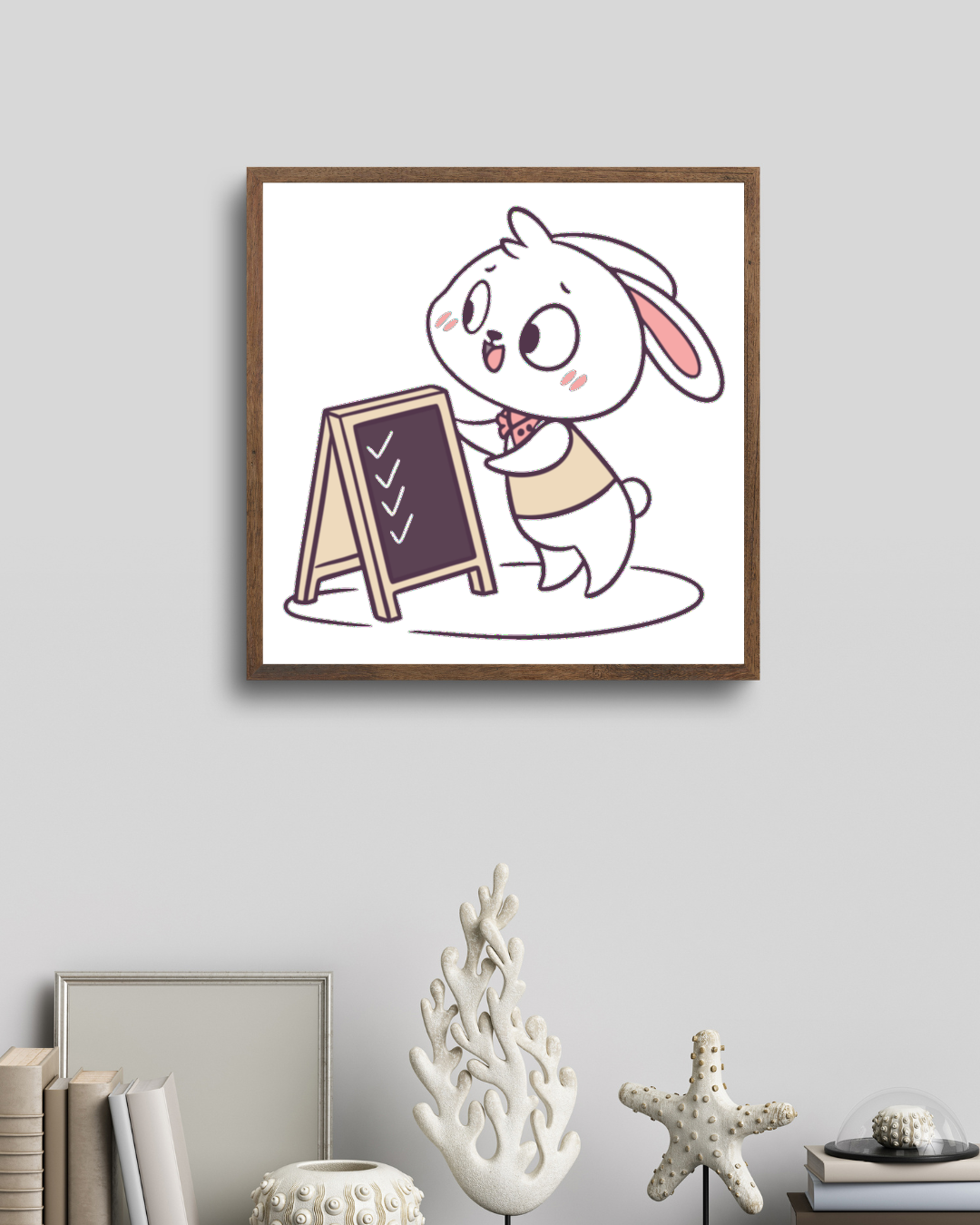 Cadre décoratif avec un adorable lapin kawaii, idéal pour une chambre d'enfant