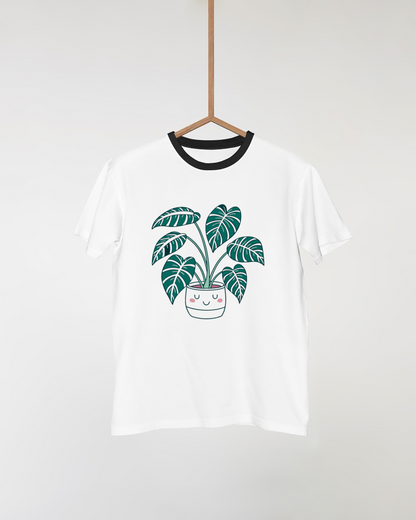 T-shirt cartoon avec plante souriante en pot mignon et décor naturel