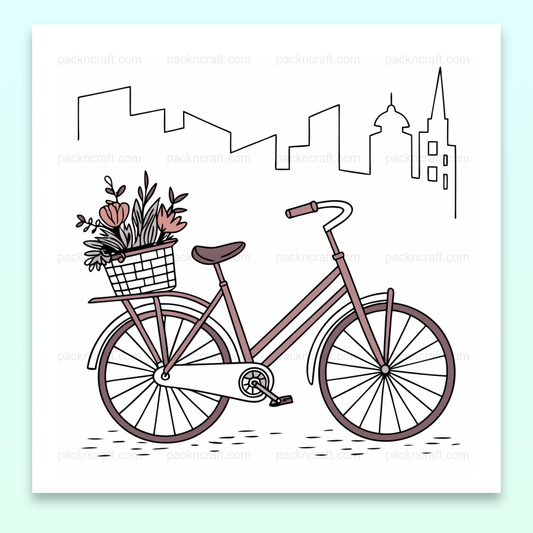 Illustration de vélo fleuri en ville, idéal pour déco et projets créatifs.