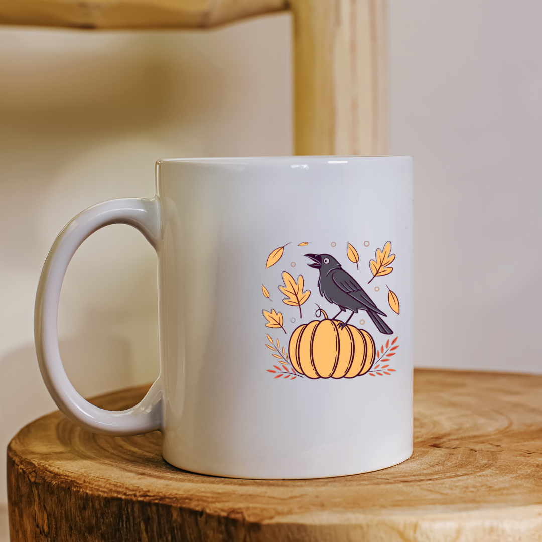 Mug automnal avec corbeau chantant sur citrouille dans un style bohème vibrant