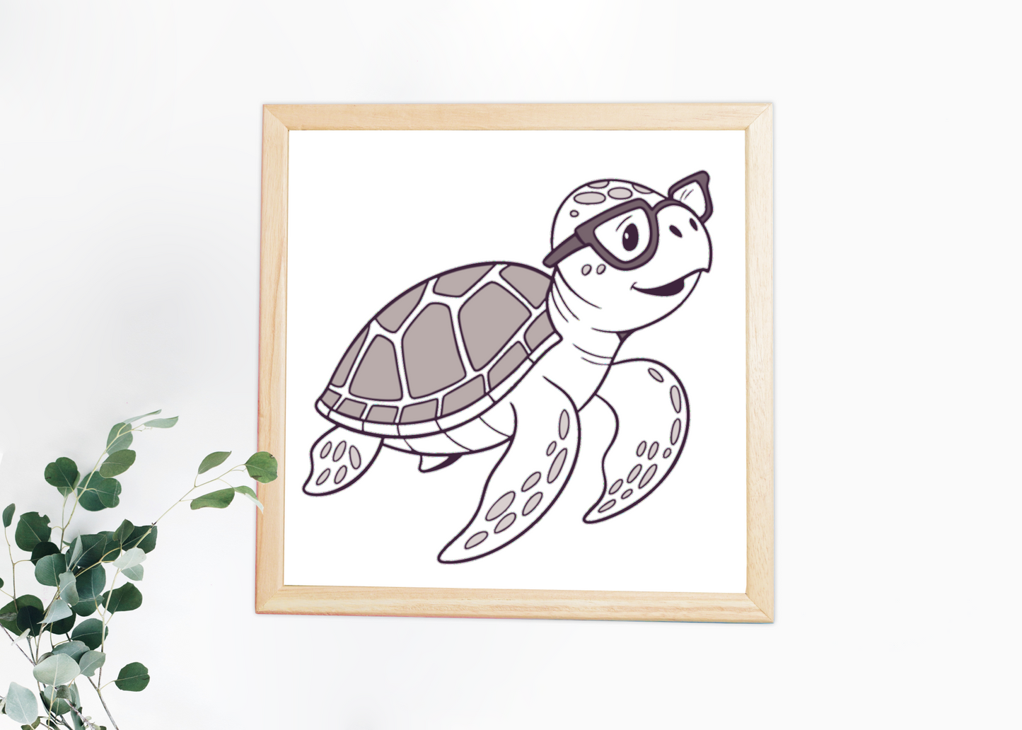Cadre décoratif avec tortue souriante et lunettes style kawaii thème océan