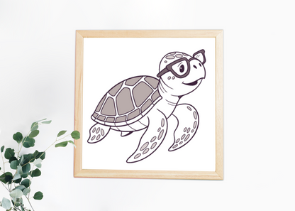 Cadre décoratif avec tortue souriante et lunettes style kawaii thème océan