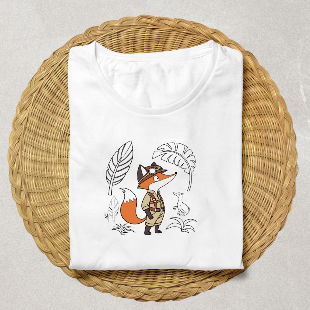 T-shirt jungle avec renard et dinosaure dans une ambiance exploratrice dynamique