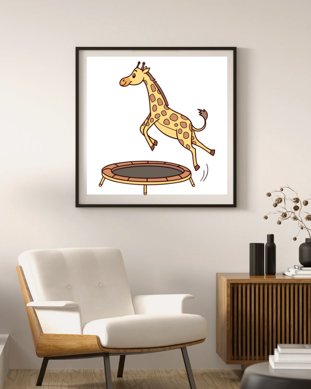 Cadre avec girafe cartoon joyeuse dans un décor du monde sauvage
