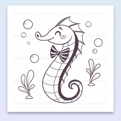 Illustration d'un hippocampe joyeux en style minimaliste, usage pour stickers et projets marins.